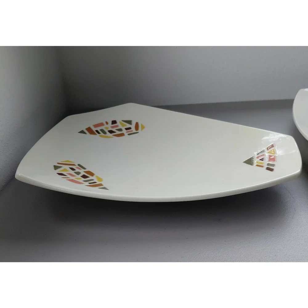 1960's Triangular Serving Platter Mid-century Modern Set of 2 Cream Groovey VTG